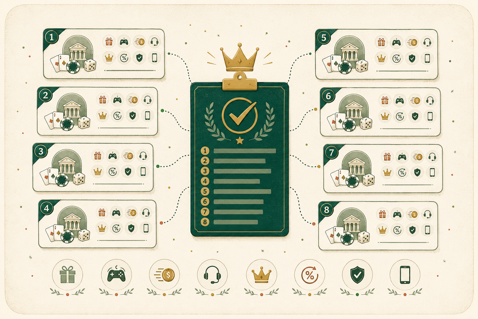 Infografik zum Vergleich von acht Online Casinos ohne OASIS nach Bonus, Spielauswahl, Auszahlung, Support und Sicherheit