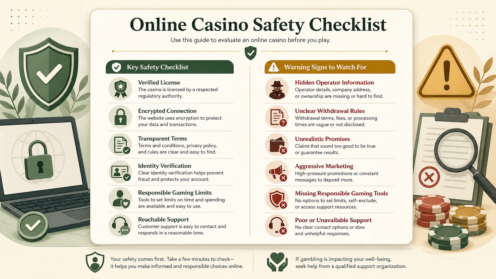 Sicherheitscheck für Online Casinos: Lizenz, Verschlüsselung, transparente Regeln, Identitätsprüfung, Spielerschutz und Support sowie Warnzeichen unseriöser Anbieter