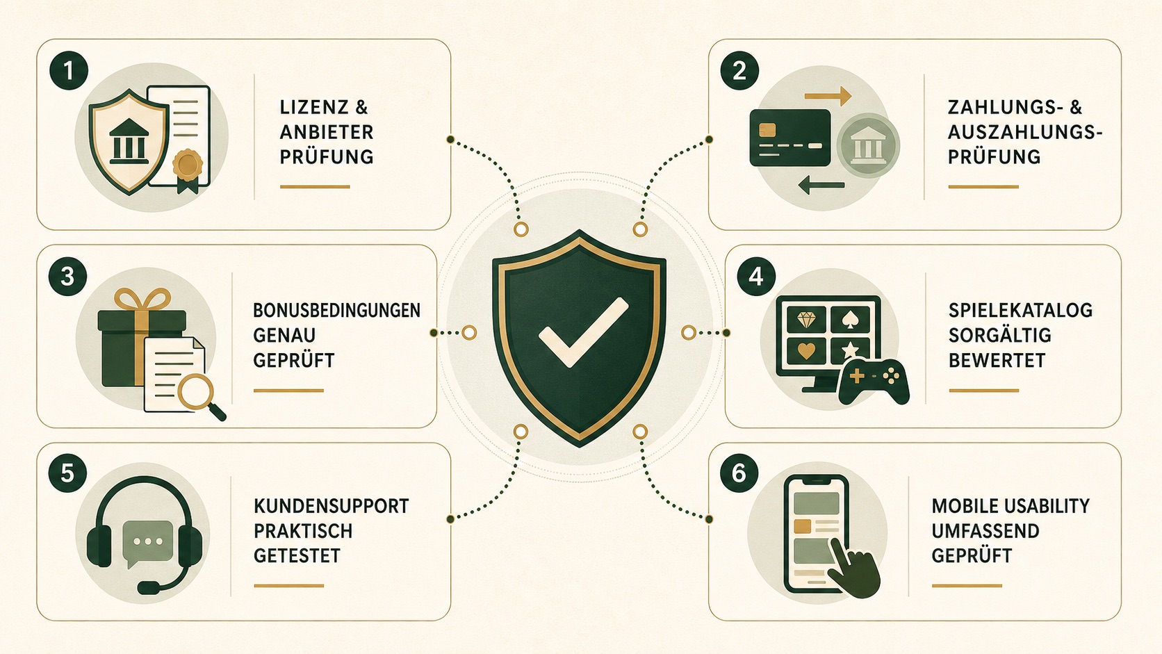 Infografik zum Casino-Testverfahren mit sechs Prüfkriterien: Lizenz, Auszahlungen, Bonusbedingungen, Spieleauswahl, Kundensupport und mobile Nutzung